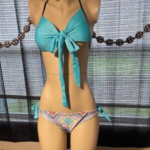 Turquoise Bikini Set with Patterned Bottom